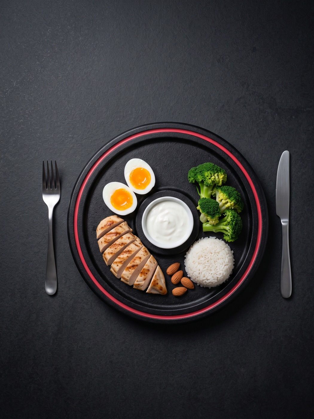 A high-protein meal of grilled chicken, eggs and yogurt served on an iron weight plate: sports nutrition for muscle gain