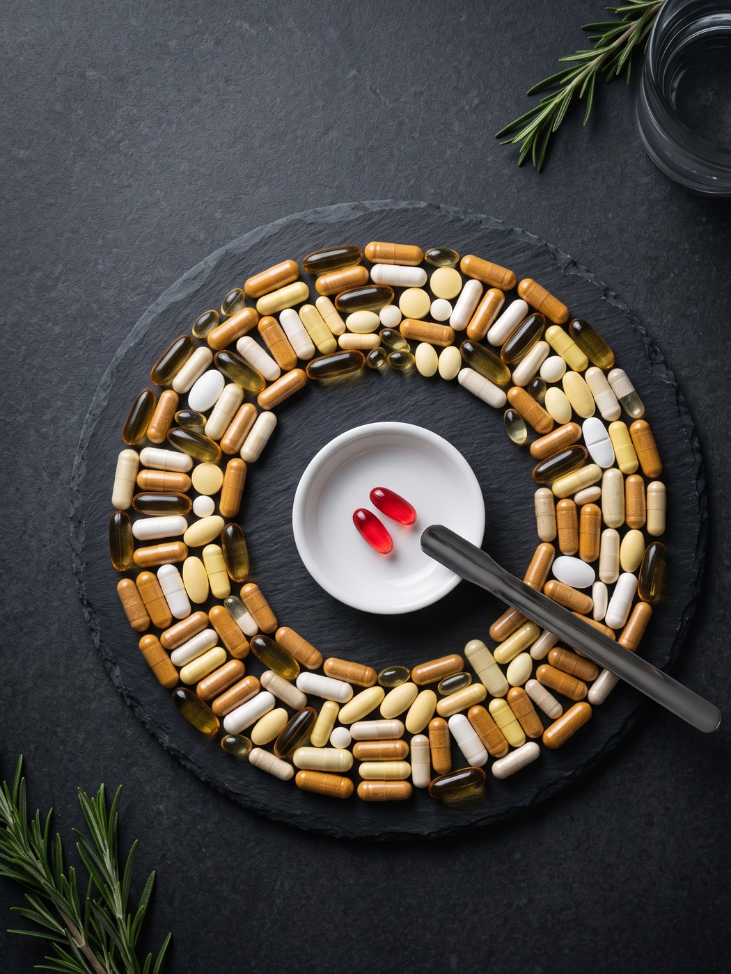 A tray of assorted capsules with only two drawn aside into a small dish: only the supplements you need