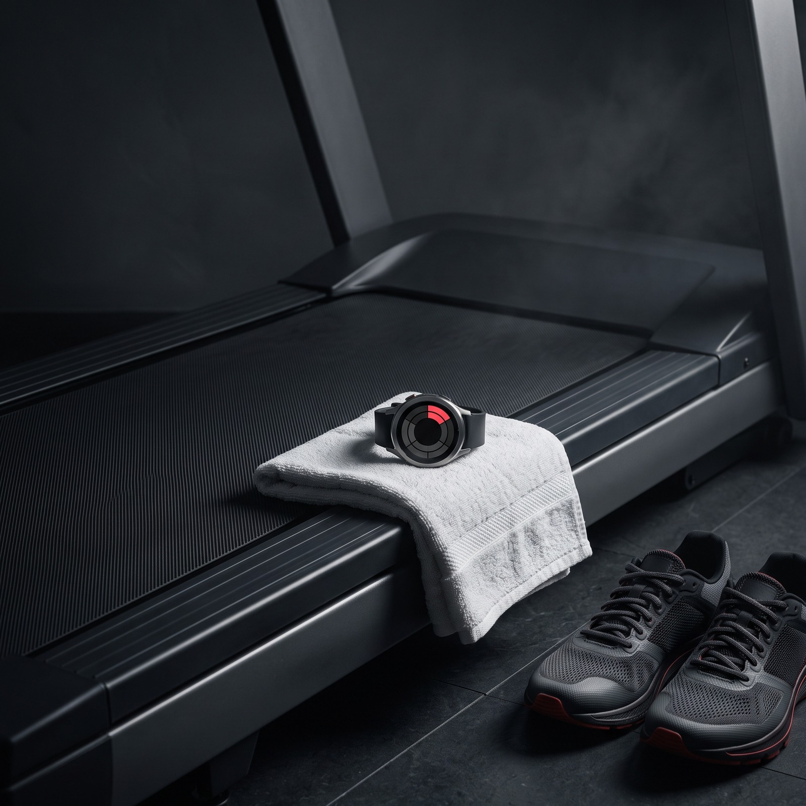 A sports watch on a folded towel at the edge of a treadmill, its screen a ring of five zones with one lit in red: the right effort, not the most