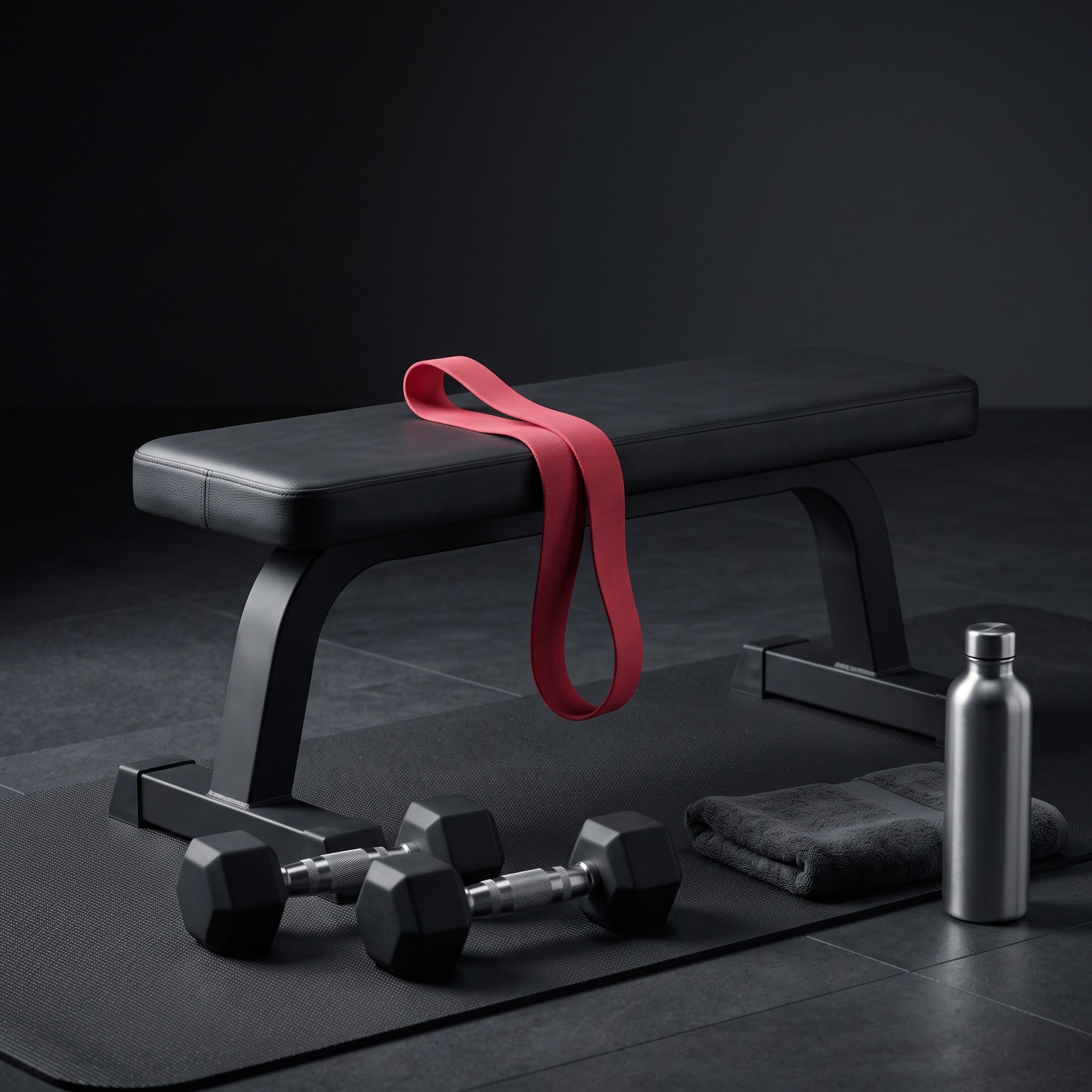A padded hip thrust bench on a mat with light dumbbells, a towel, a steel bottle and a red mini band over its end: strength, planned with care